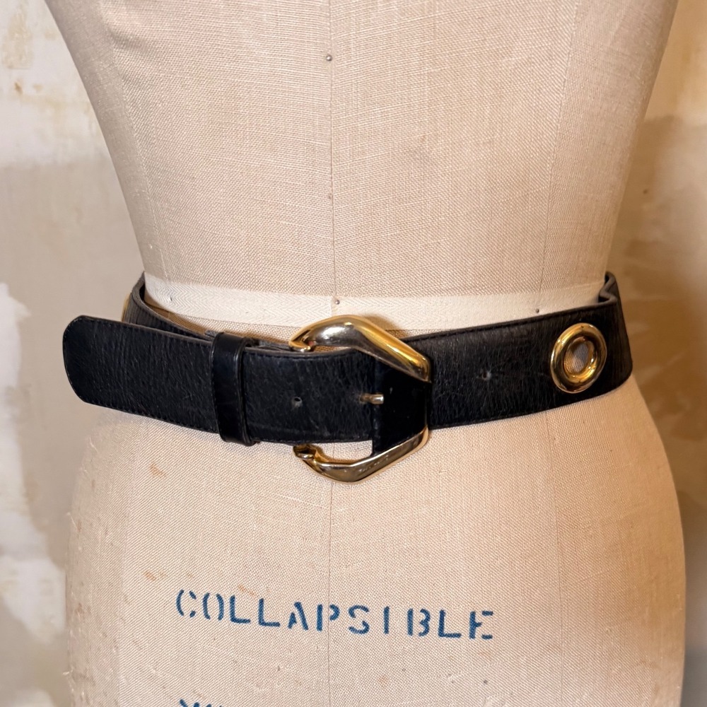 Creaciones Grau Black Leather Belt Gold Buckle Grommet Spain /M
